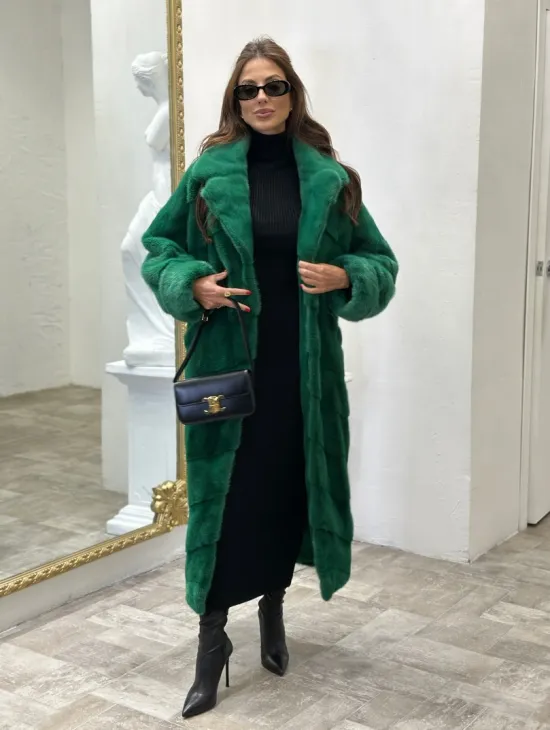 Шуба из аукционной норки с английским воротником - цвет изумруд - фото 7