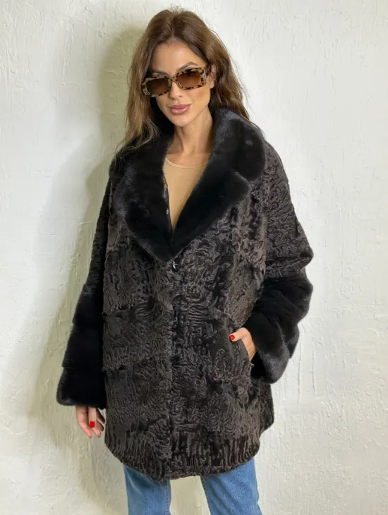 Кимоно каракульча английский воротник паркет - коричневый - фото 1