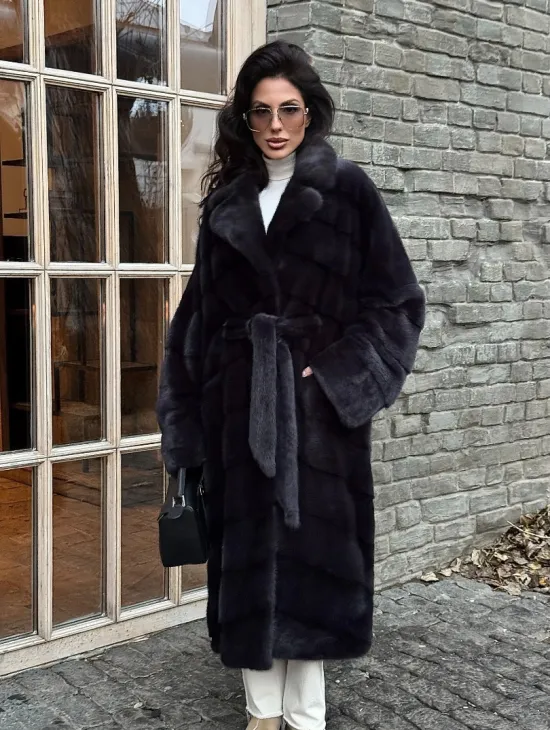 Шуба Халат из меха норки с английским воротником - цвет темный графит - фото 6