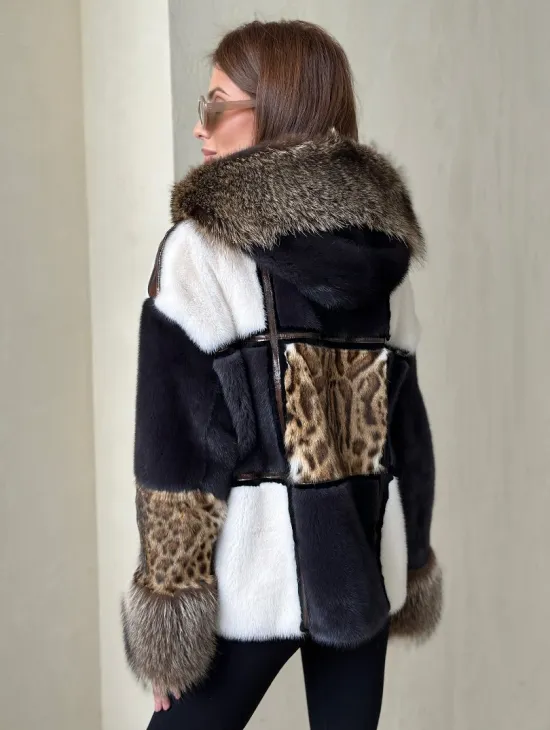 Комбинированная норковая куртка с капюшоном - фото 1
