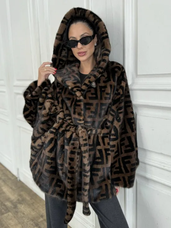 Норка летучая мышь с капюшоном, принт - цвет соболь - фото 0