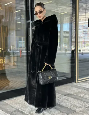 Удлиненная шуба из норки BLACKGLAMA с капюшоном - фото 5